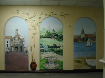 Trompe l'oeil mural arches with 3 scenes from Chichester